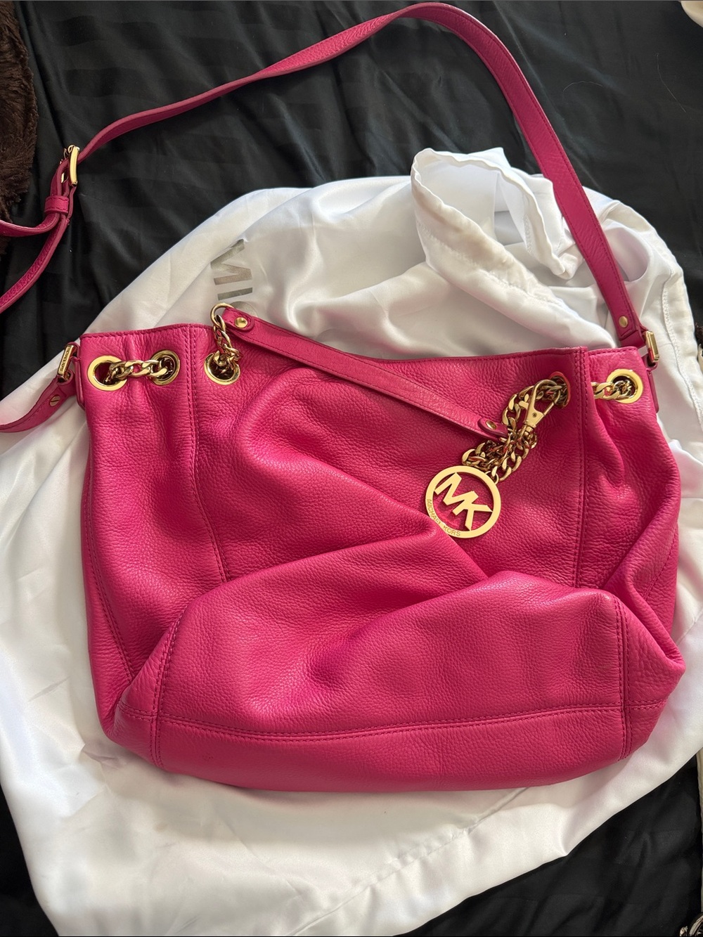 Michael Kors Hot Pink Pebble Leather Shoulder Hobo with Gold Hardware